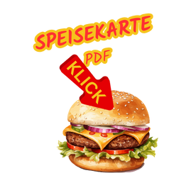 hinweis zurm download der speisekarte mit einem pfeil auf die grafik eines hamburgers
