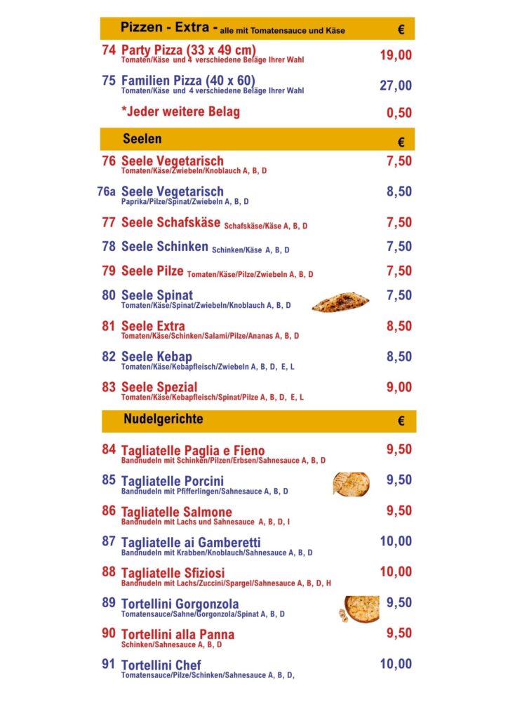 Speisekarte Teil mit Pizza, Seelen und Nudelgerichten