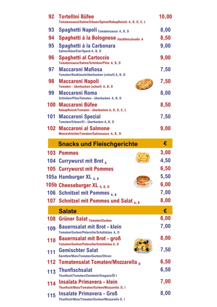 speisekarte, maccaroni und andere nudelgerichte, snacks, Fleiscvh und salat