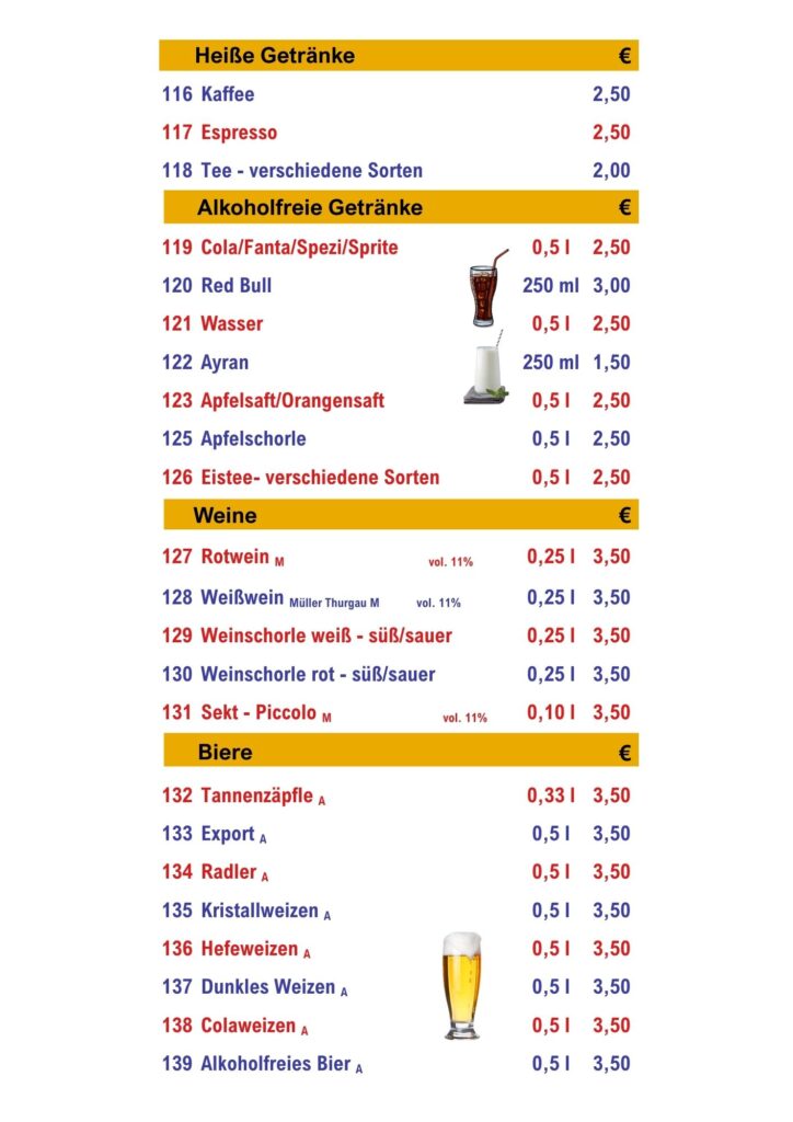 getränkekarte der pizzeria büfee