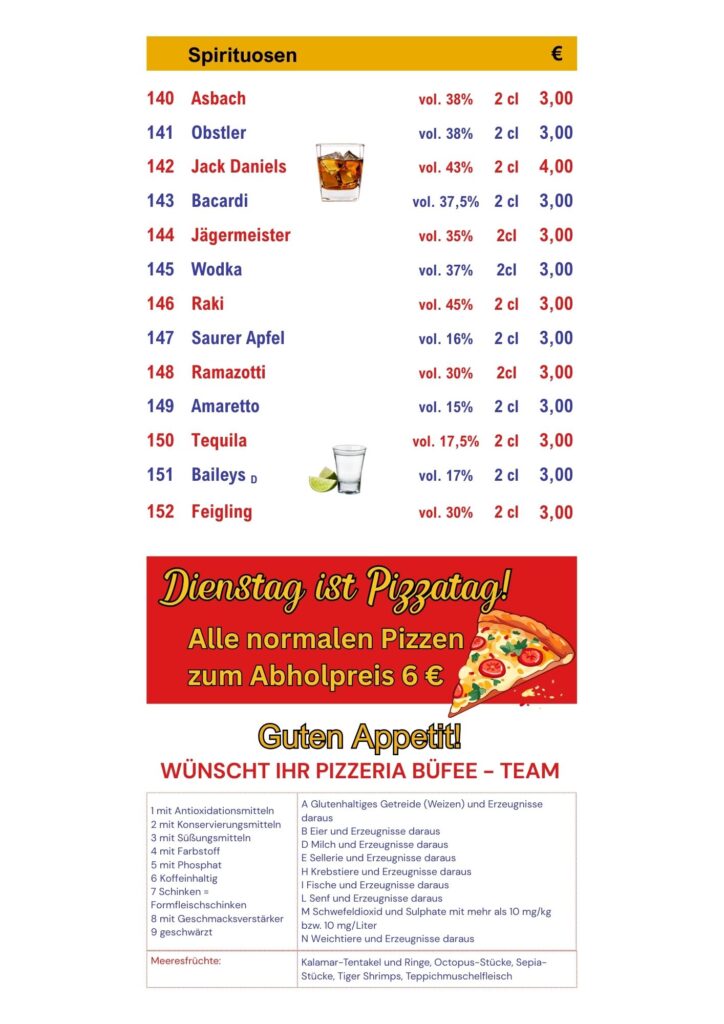 Getränkekarte Pizzeria büfee teil 2