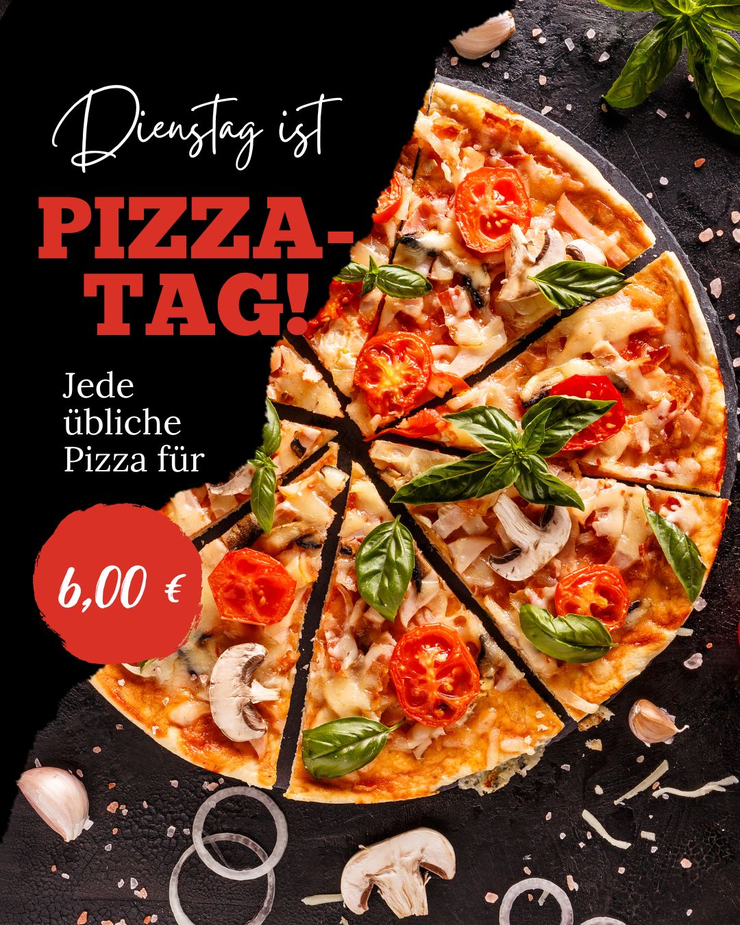 Grafische Darstellung einer Pizza mit Aufschrift Pizzatag